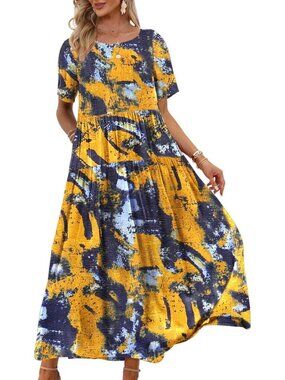 Women's Yellow Navy Blue Crew Neck Short Sleeve Pull On Floral Maxi Dresses